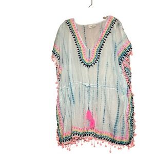 Fable Kaftan Swim Cover Up Womens S/M Blue Tie Dye Embroidered Pom Pom Boho